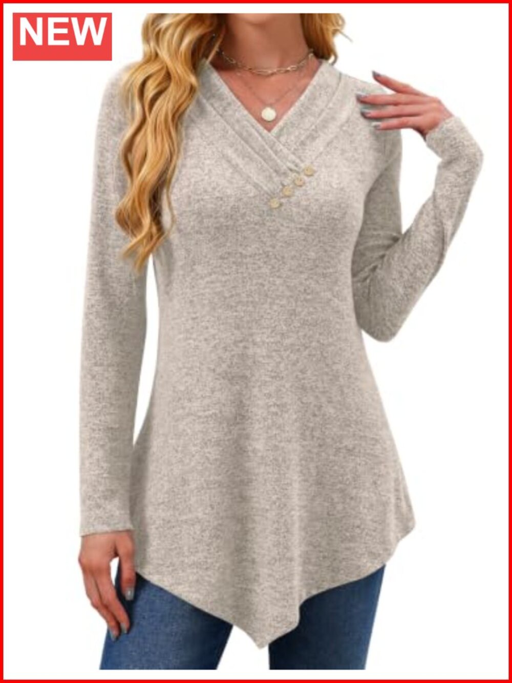 Womens Tunic Top Loose Fit Dressy V Neck Long Sleeve Asymmetrical Hem